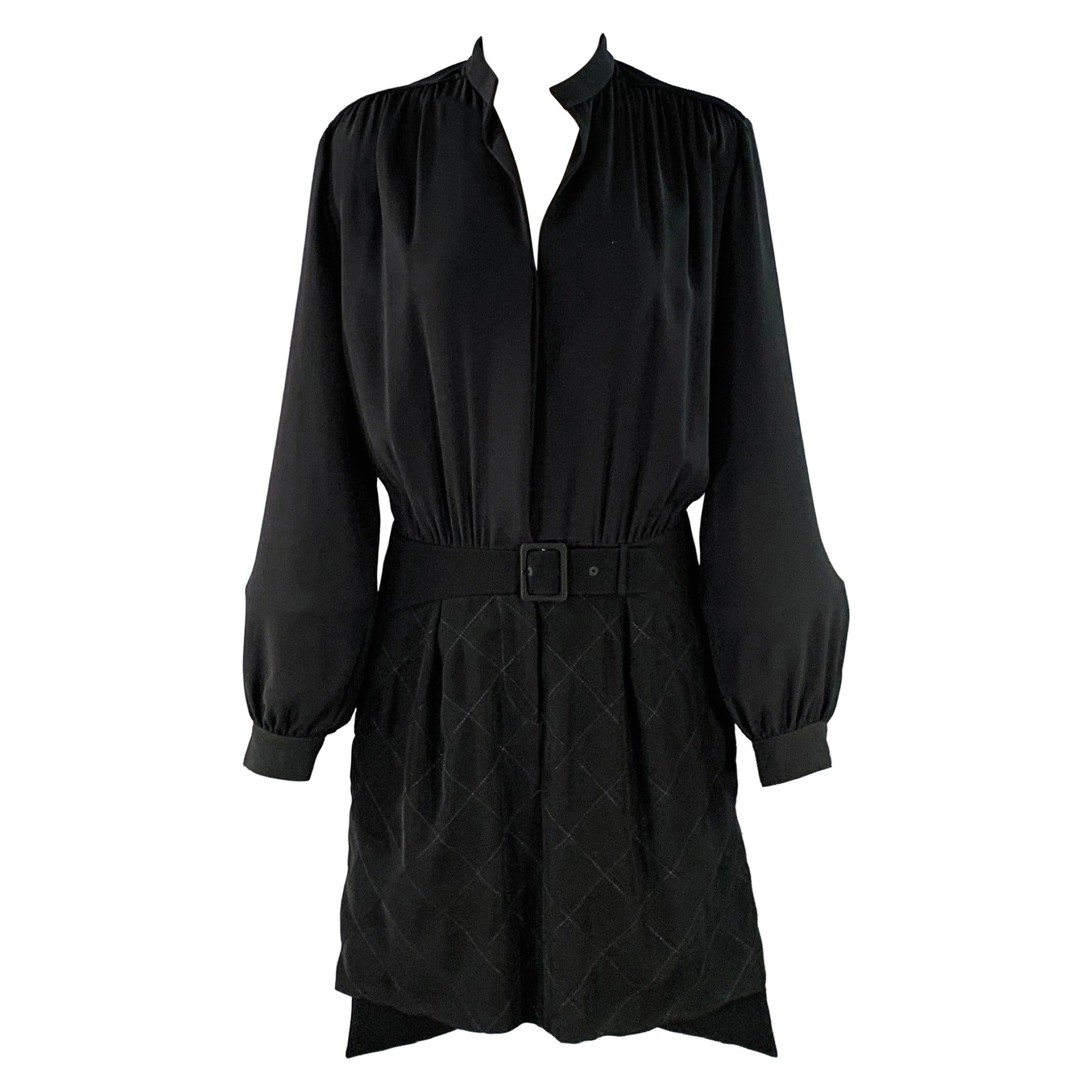 KENZO Size 4 Black Polyester Long Sleeve Knee Length V-Neck Shirt Dress For Sale