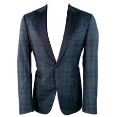 ISAIA Size 40 Green Navy Plaid Wool Peak Lapel Sport Coat