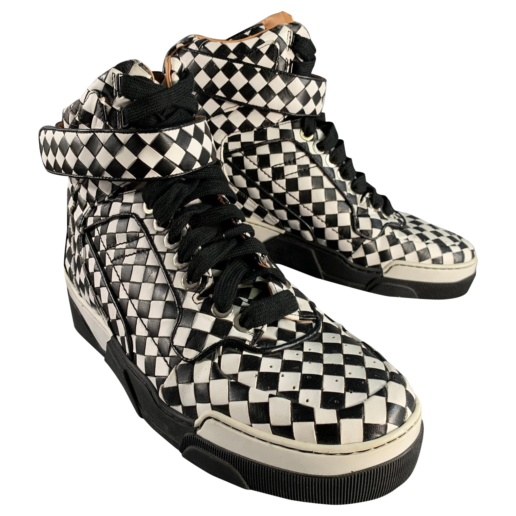 GIVENCHY Size 11 Black White Checkered Leather High Top Sneakers For Sale