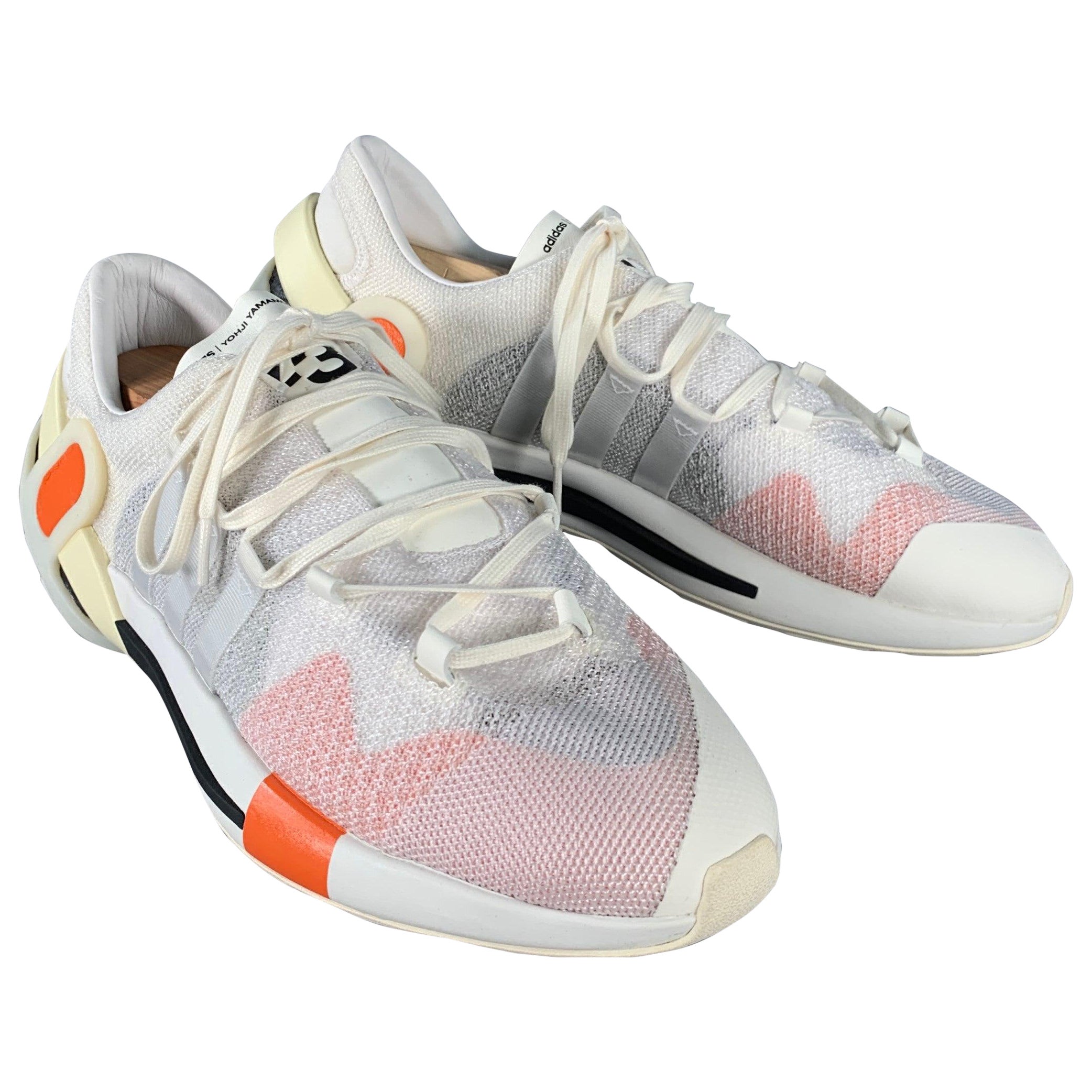 Y-3 Größe 12 Weiß Schwarz Orange Farbe Block Mesh Lace-Up Sneakers im Angebot