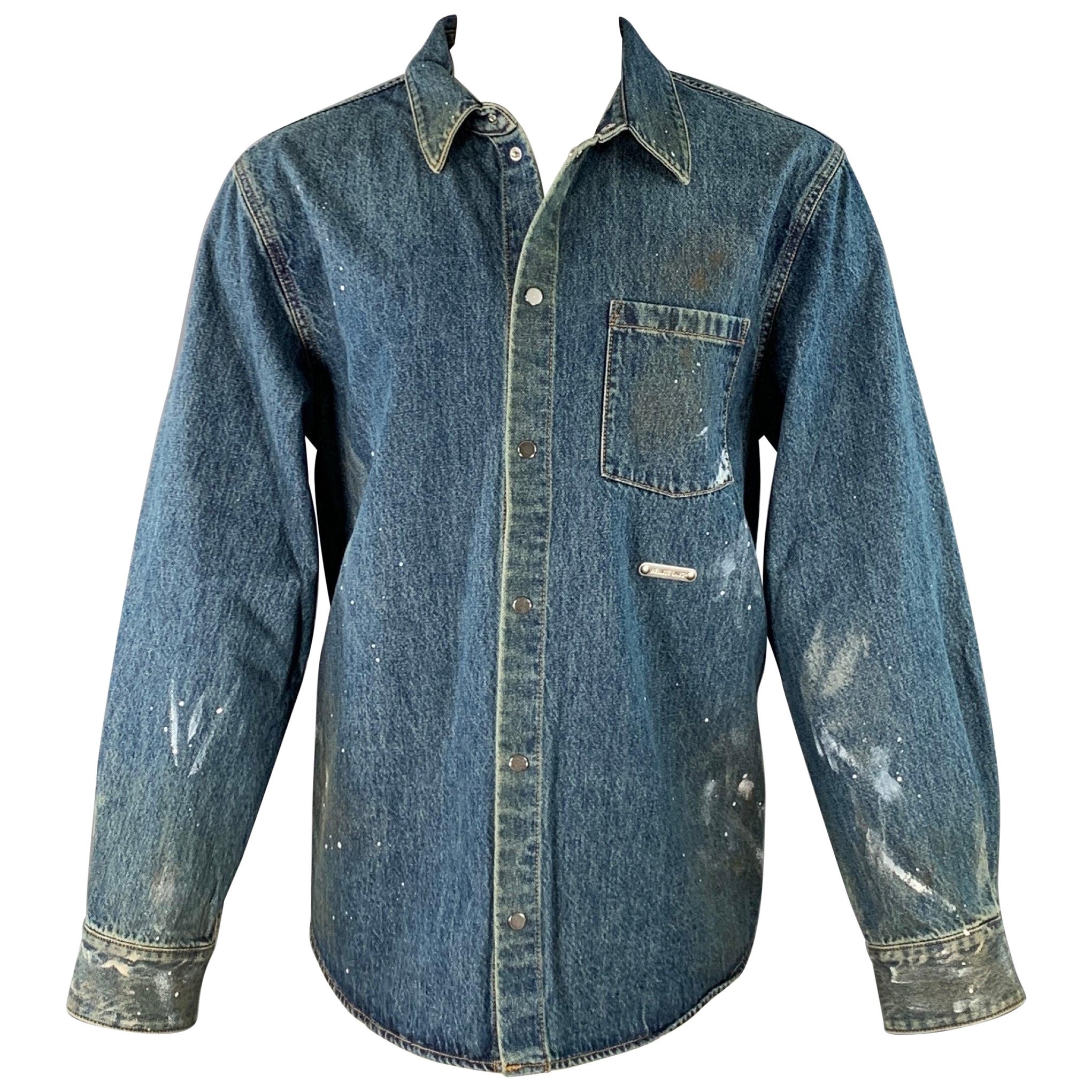 HELMUT LANG Size M Indigo Painter Blue Paint Splatter Cotton One Pocket Snaps Jacket For Sale