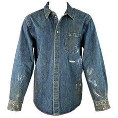 HELMUT LANG Size M Indigo Painter Blue Paint Splatter Cotton One Pocket Snaps Jacket