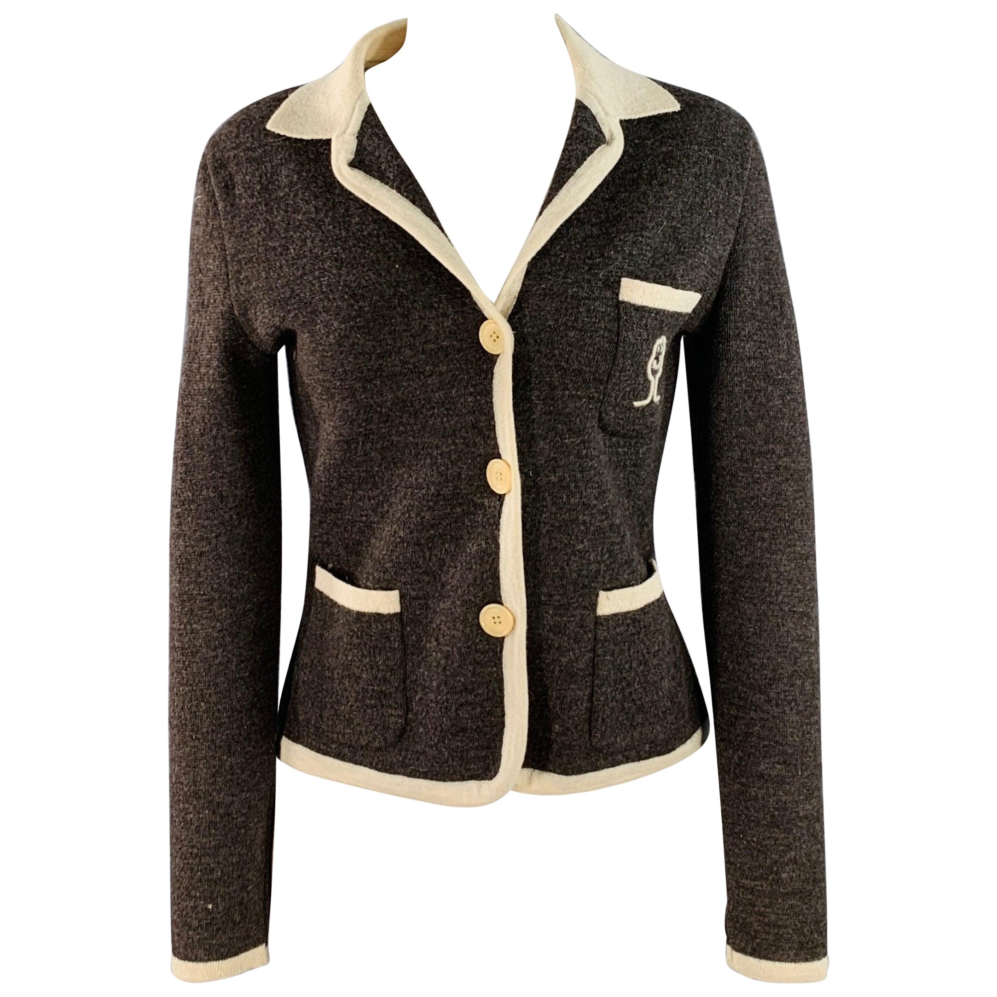 MOSCHINO Vintage Size M Brown Cream Wool Contrast Trim Single Breasted Cardigan For Sale