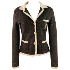 MOSCHINO Vintage Size M Brown Cream Wool Contrast Trim Single Breasted Cardigan