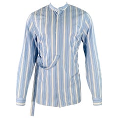 JIL SANDER Size M Giusy Blue White Stripe Cotton Collarless Long Sleeve Shirt (Chemise à manches longues sans col)
