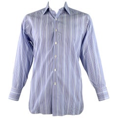 TURNBULL & ASSER Vintage Größe L Blau-Marine-Weiß gestreiftes Baumwollhemd mit langen Ärmeln