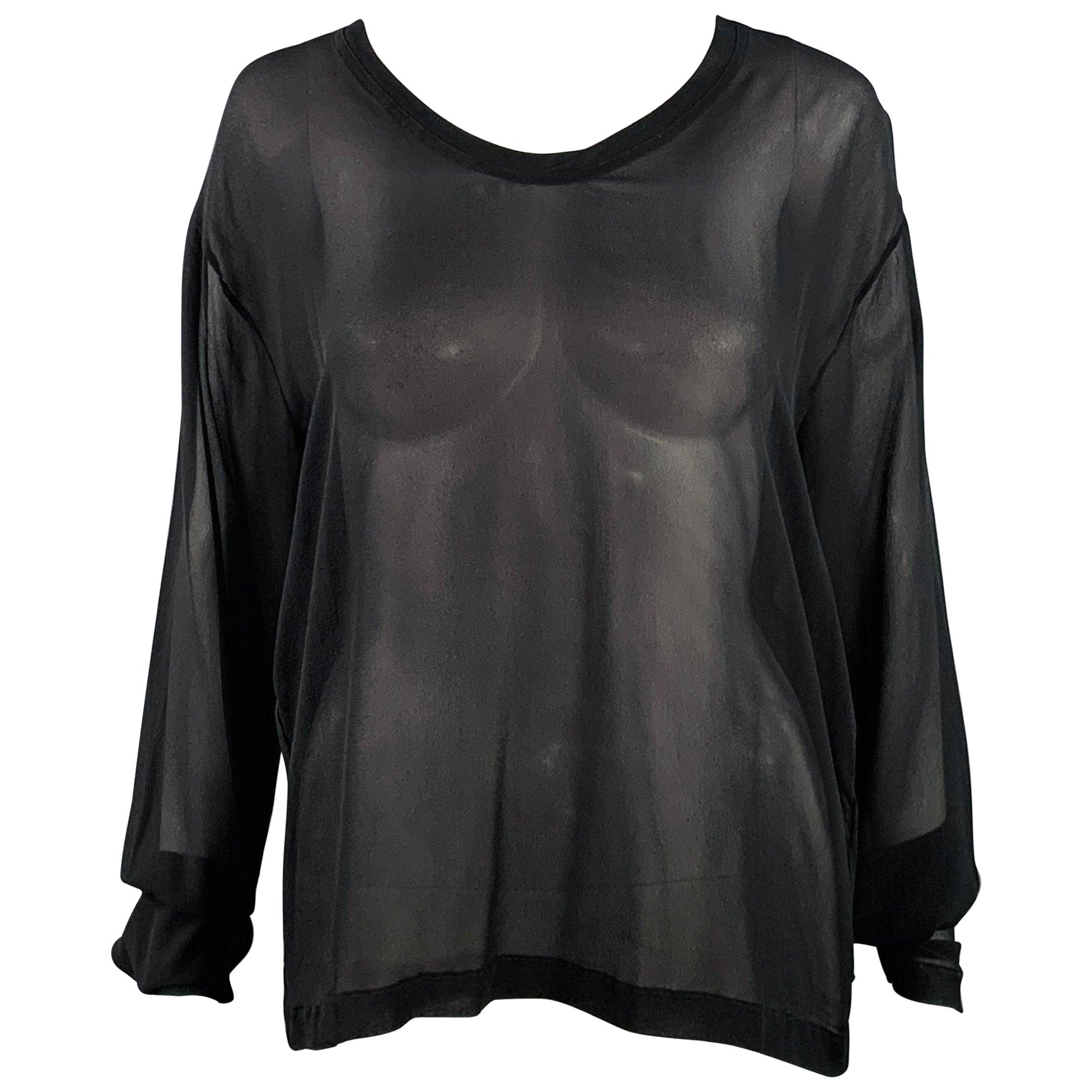 YVES SAINT LAURENT Size M Black Silk Sheer Extra Long Sleeve Casual Top (Top décontracté à manches longues en soie noire) en vente