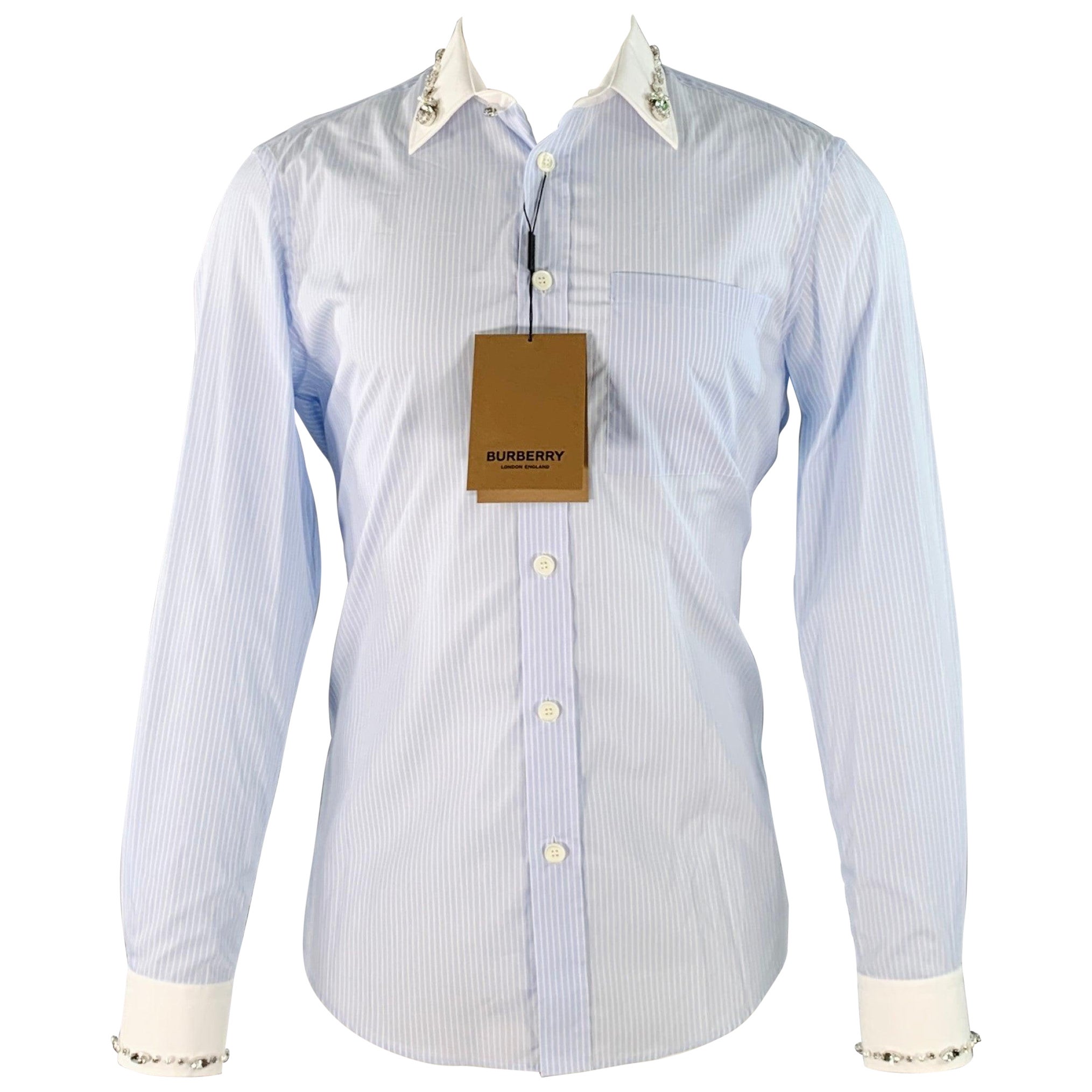 BURBERRY Size S Blue White Stripe Cotton Crystal Embellishment One Pocket Long Sleeve Shirt For Sale