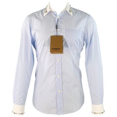 BURBERRY Size S Blue White Stripe Cotton Crystal Embellishment One Pocket Long Sleeve Shirt