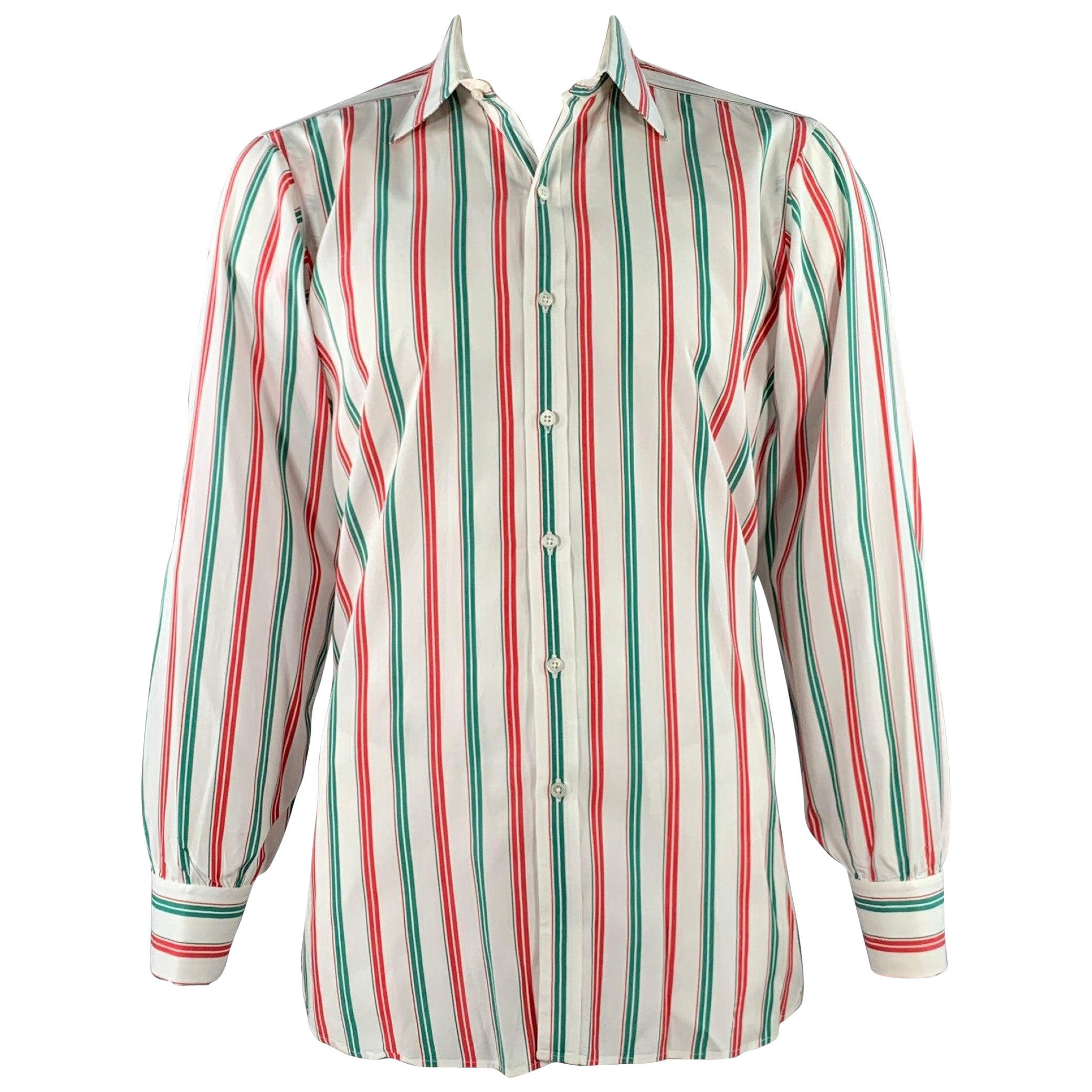 TURNBULL & ASSER Vintage Größe L Weiß Grün Rot Gestreift Baumwolle Französisch Manschette Langarmhemd im Angebot