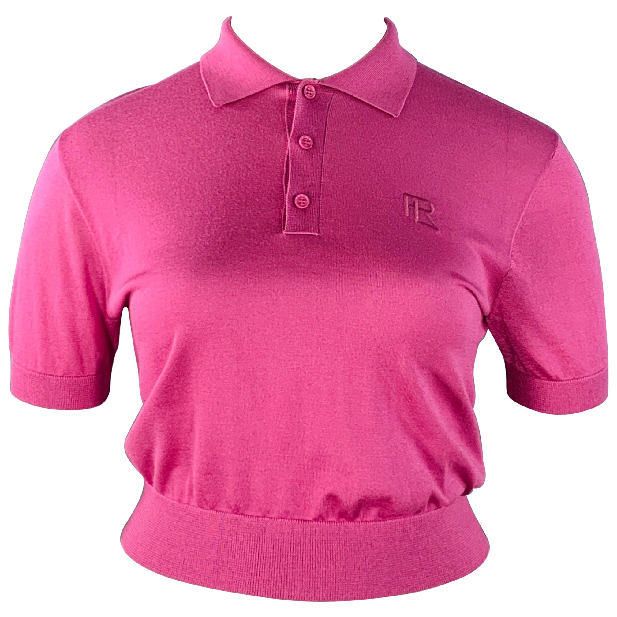 RALPH LAUREN COLLECTION Size L Pink Raspberry Mulberry Silk Embroidered Polo Casual Top en vente