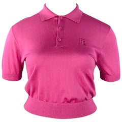RALPH LAUREN COLLECTION Size L Pink Raspberry Mulberry Silk Embroidered Polo Casual Top