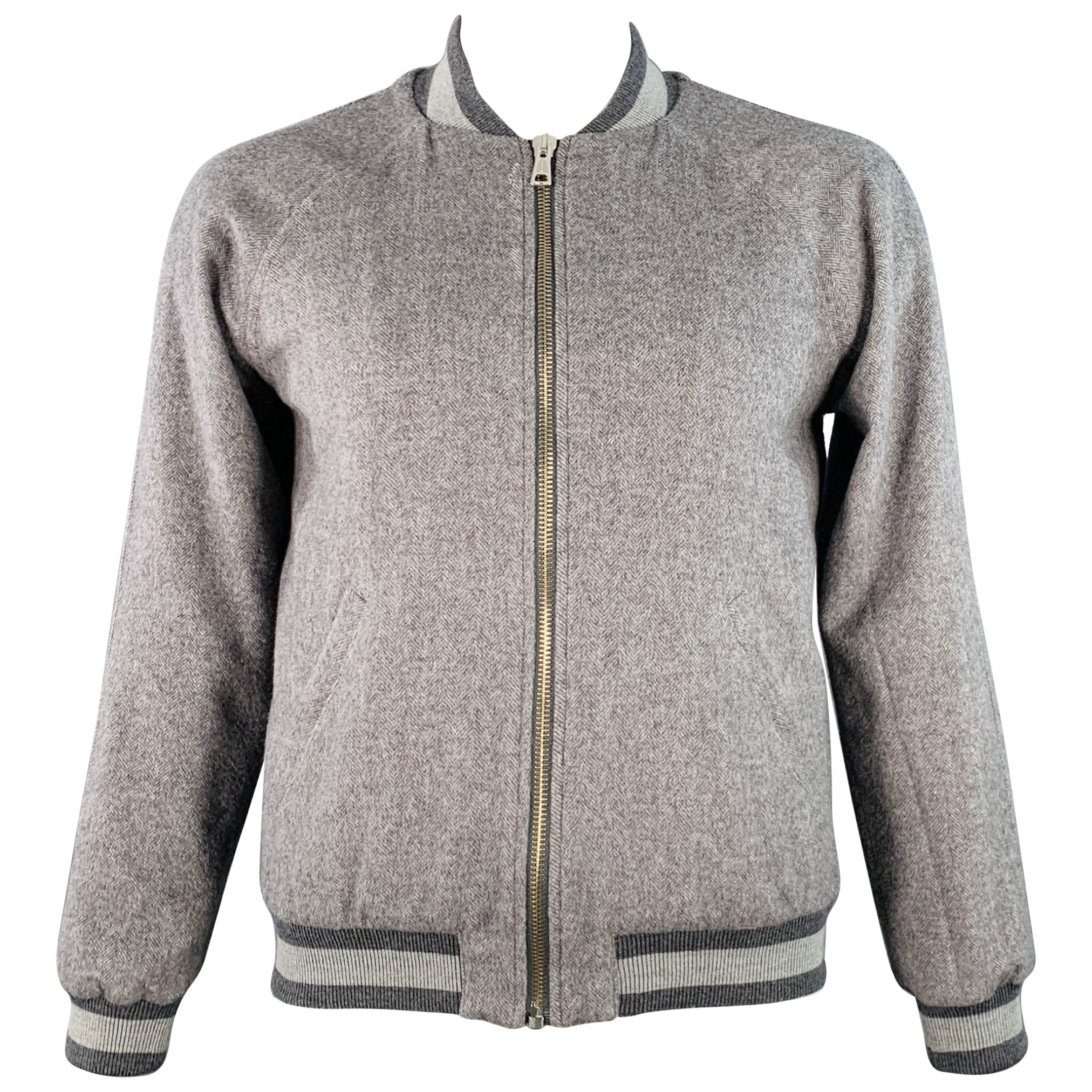 BAND OF OUTSIDERS Size L Grey Virgin Wool Mohair Herringbone Bomber Jacket For Sale