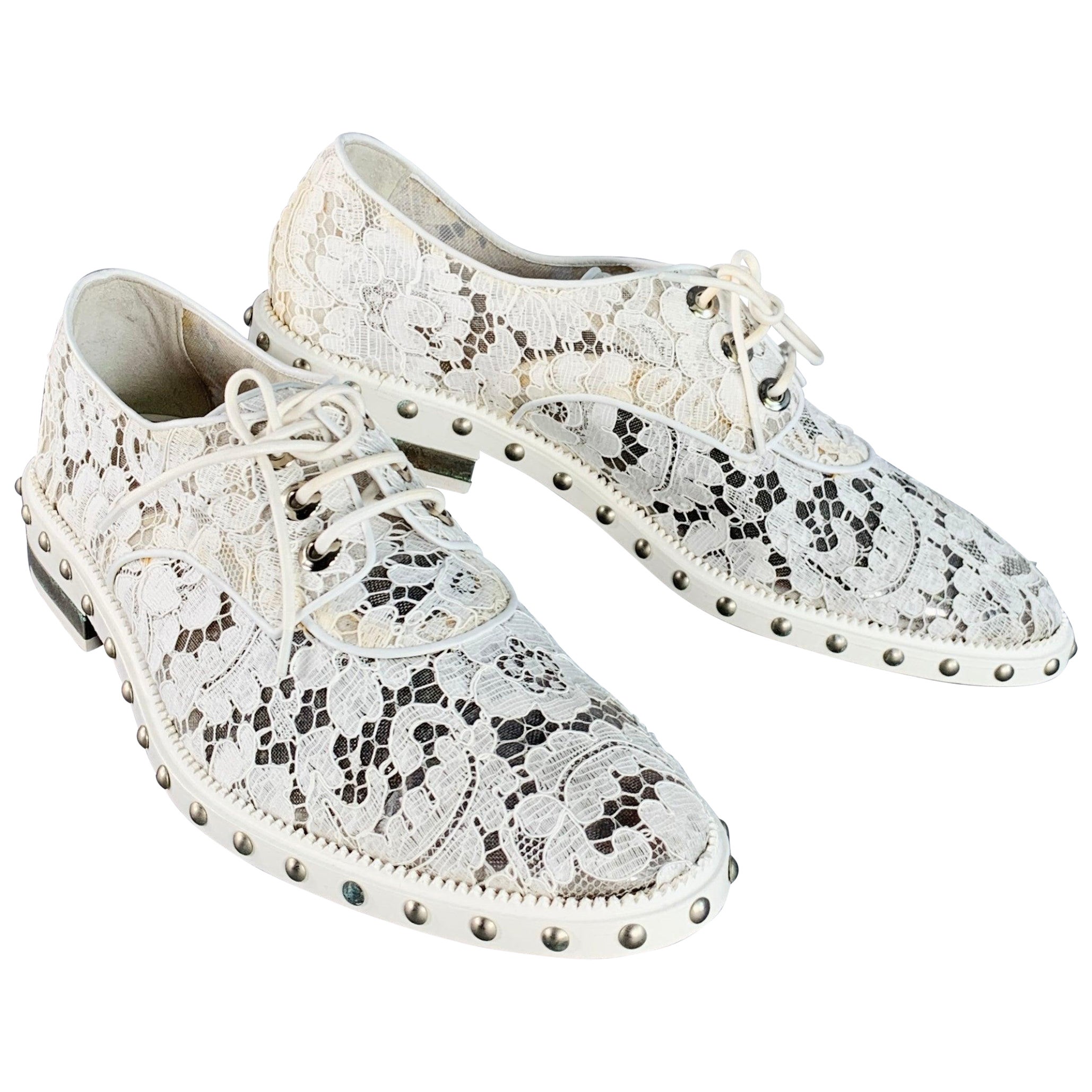 GIVENCHY Size 10 White Leather Lace Studded Derby Shoes For Sale