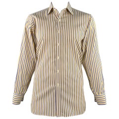 TURNBULL & ASSER Vintage Größe L Weiß-Marine-Gelb gestreift Baumwolle Französisch Manschette Langarmhemd