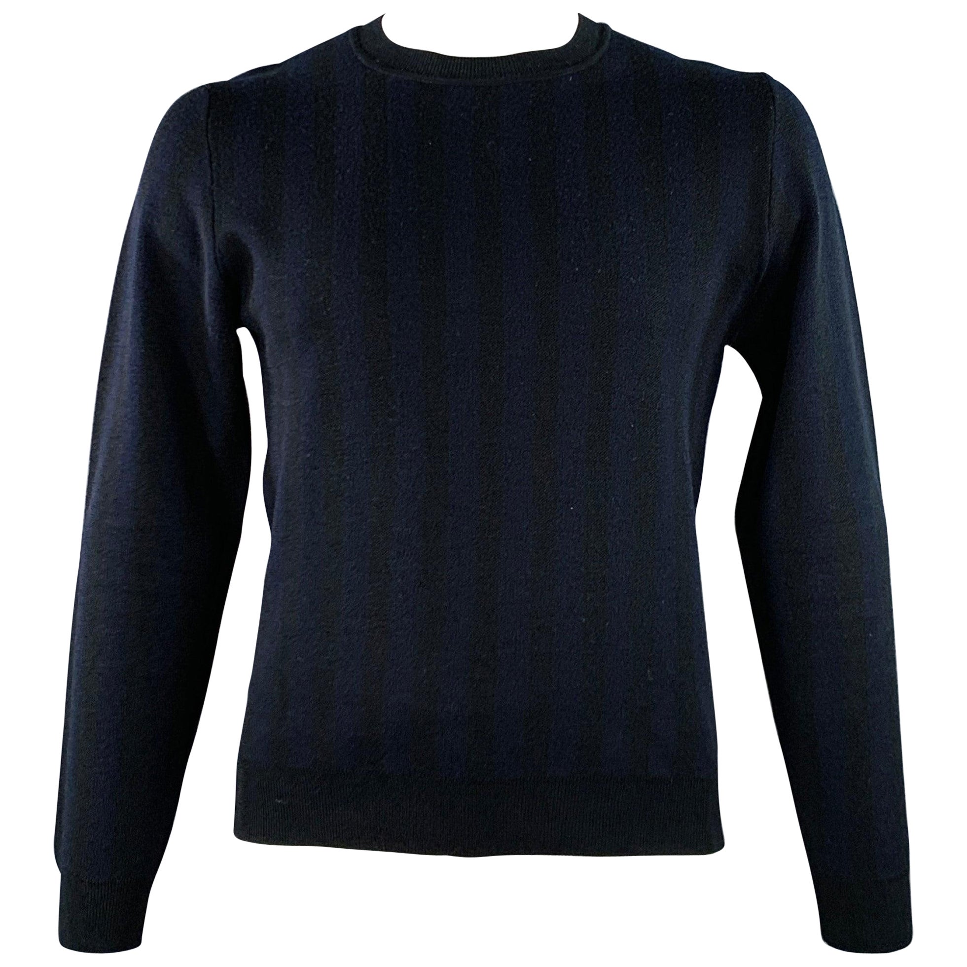 SANDRO Size L Navy Black Stripe Merino Wool Crew Neck Pullover For Sale