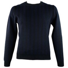 SANDRO Size L Navy Black Stripe Merino Wool Crew Neck Pullover