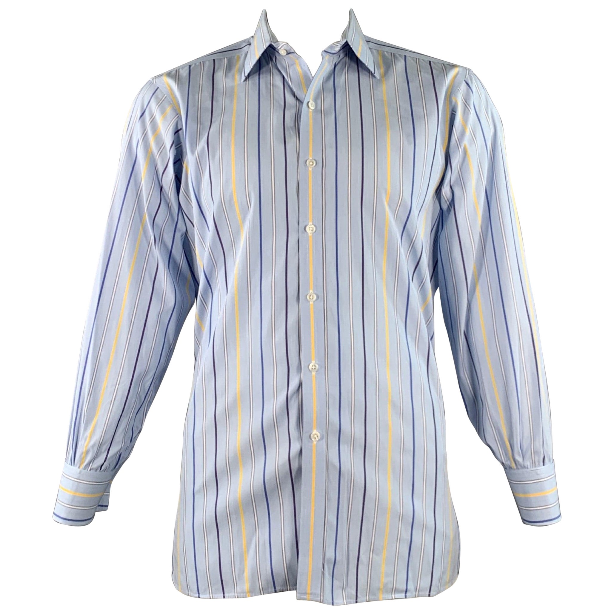 TURNBULL & ASSER Vintage Größe L Blau-Marine-Gelb gestreift Baumwolle Französisch Manschette Langarmhemd im Angebot