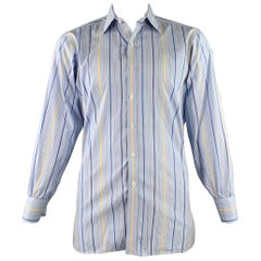 TURNBULL & ASSER Vintage Größe L Blau-Marine-Gelb gestreift Baumwolle Französisch Manschette Langarmhemd