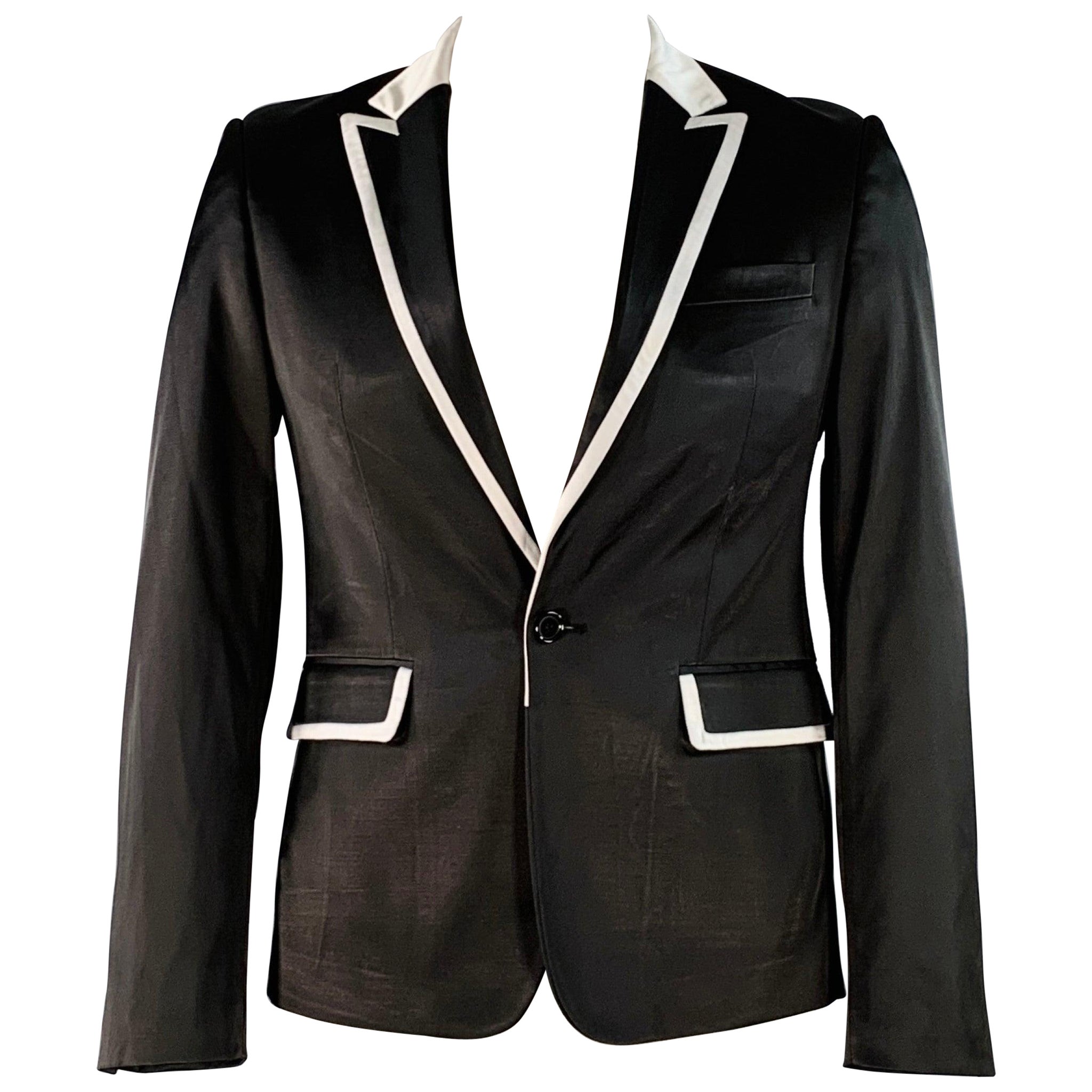 RAF SIMONS Size L Black White Satin Wool Acrylic Peak Lapel Contrast Trim Sport Coat For Sale