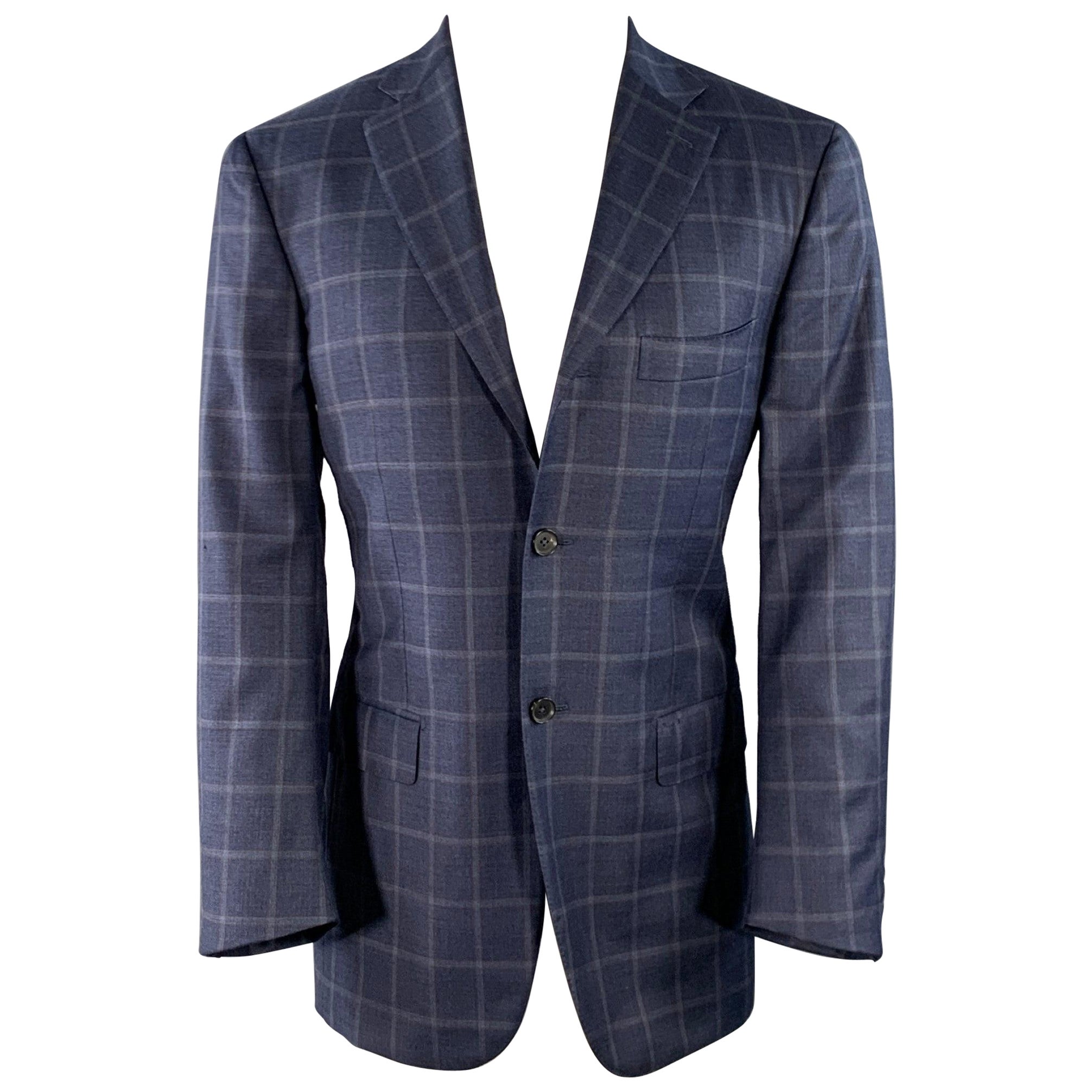 ISAIA Size 40 Blue Orange Plaid Wool Single Breasted Sport Coat For Sale