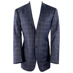 ISAIA Size 40 Blue Orange Plaid Wool Single Breasted Sport Coat