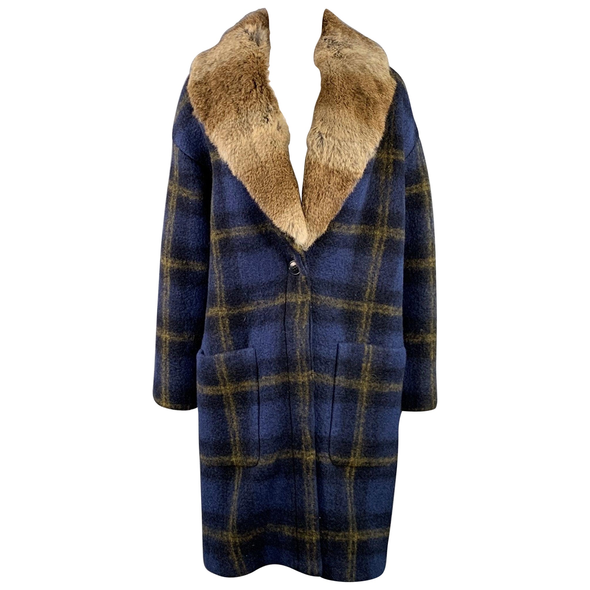 BAND OF OUTSIDERS Size S Blue Tan Wool Blend Plaid Rabbit Fur Collar Coat For Sale