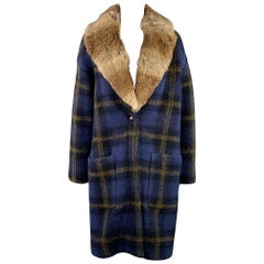 BAND OF OUTSIDERS Size S Blue Tan Wool Blend Plaid Rabbit Fur Collar Coat