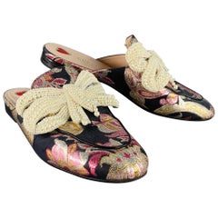 GUCCI Size 9.5 Princetown Black Multi Color Faux Pearl Bows Slip On Flats