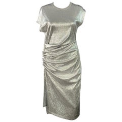 PACO RABANNE Taille 4 Silver Viscose Blend Cap Sleeves Asymmetrical Midi Cocktail Dress