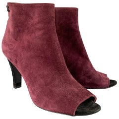 CHANEL Size 8.5 Burgundy Suede Peep Toe Side Zipper Ankle Boots