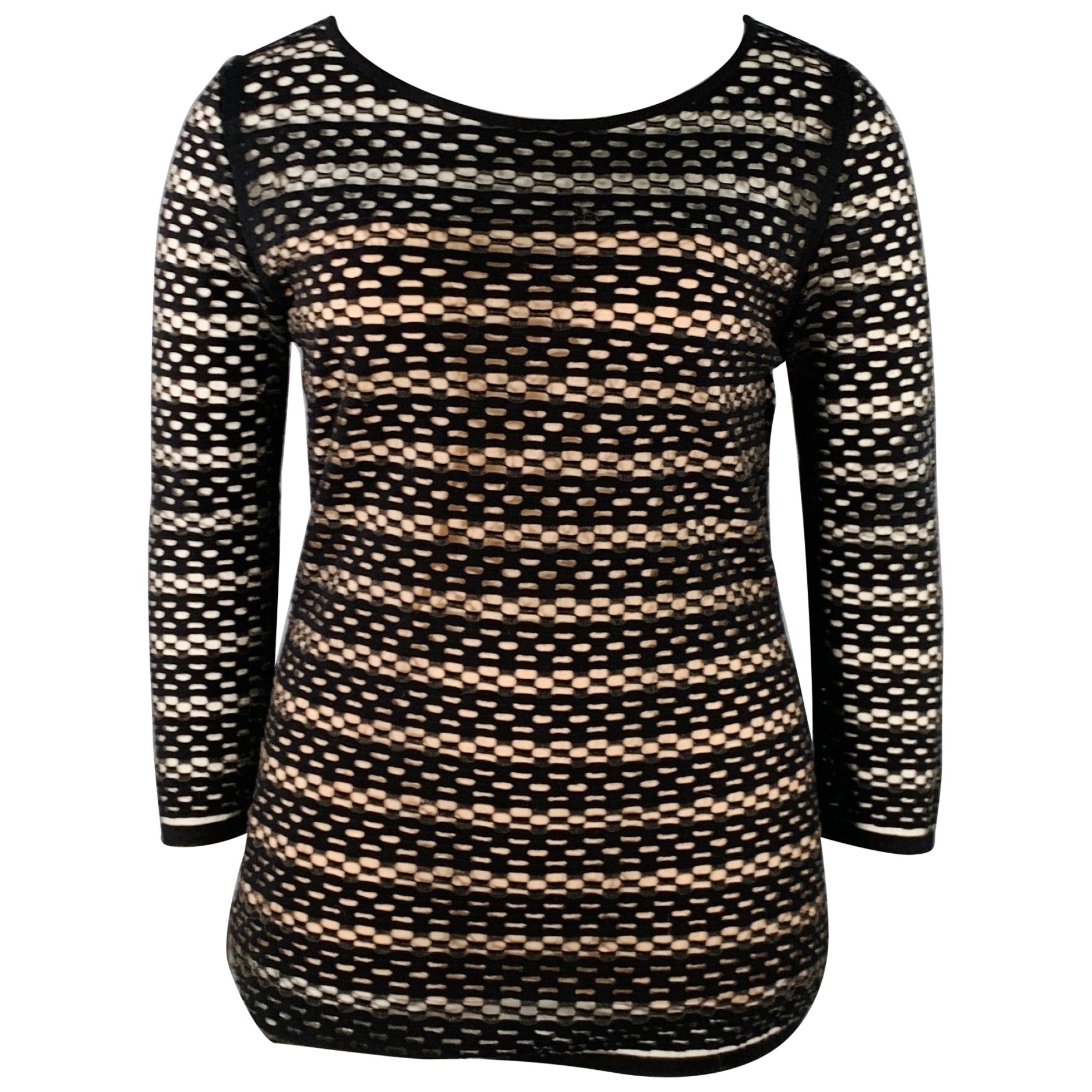 ESCADA Size L Black Nude Viscose Blend Textured Stripe 3/4 Sleeves Scoop Neck Casual Top en vente