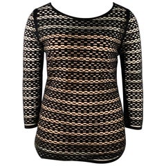 ESCADA Size L Black Nude Viscose Blend Textured Stripe 3/4 Sleeves Scoop Neck Casual Top