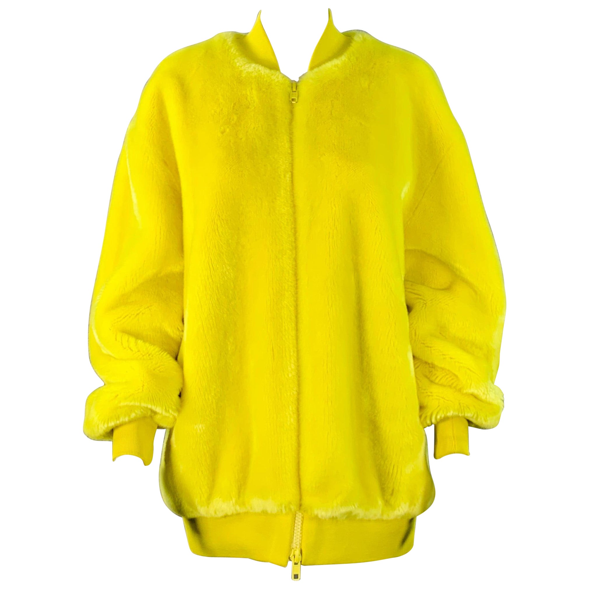 TIBI Size M Yellow Acrylic Textured Faux Fur Zip Up Oversized Bomber Jacket For Sale