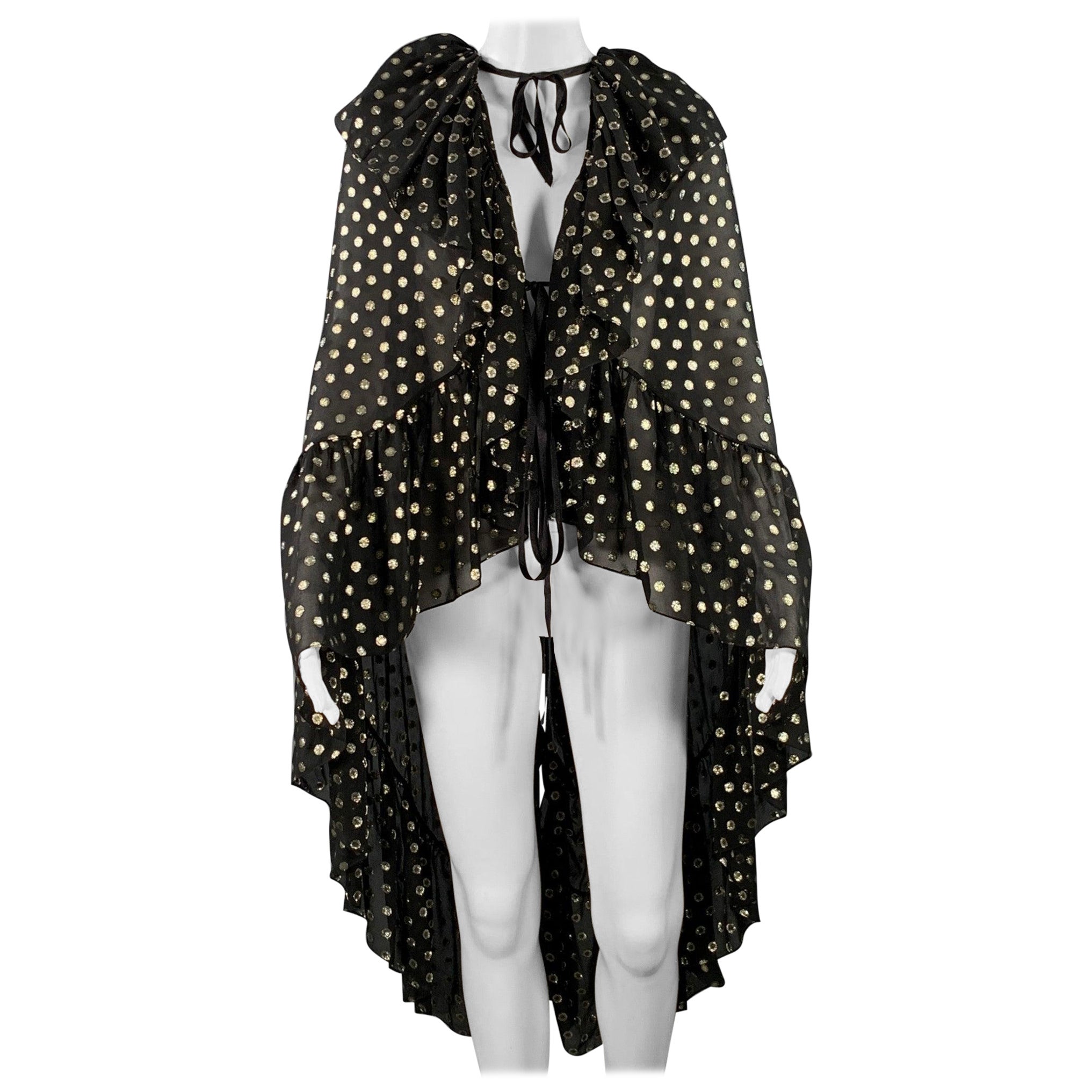 SAINT LAURENT 2018 Black Gold Dots Ruffled Metallic Chiffon Cape Dress Top en vente