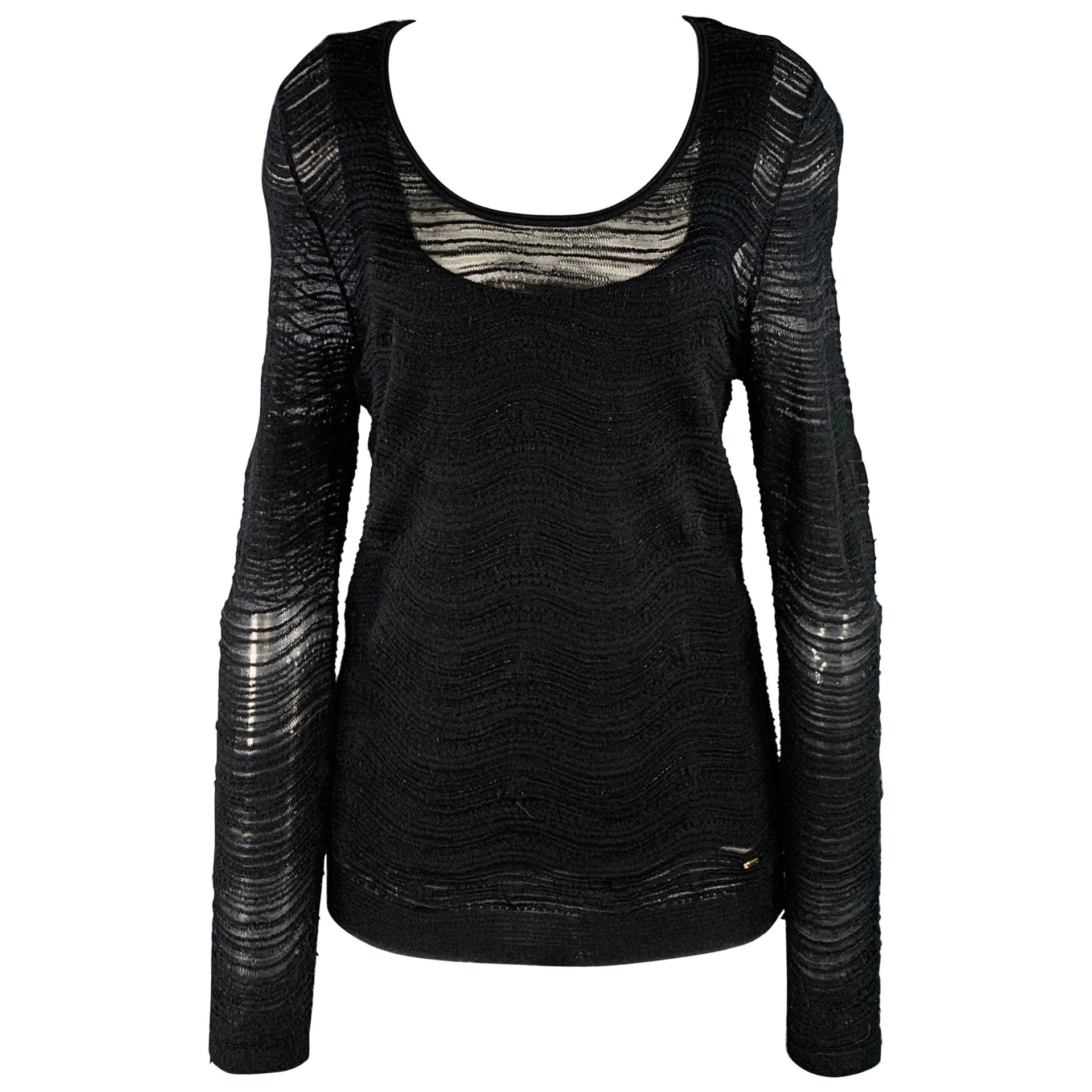 ESCADA Size M Black Wool Blend Textured Stripe Scoop Neck Pullover For Sale