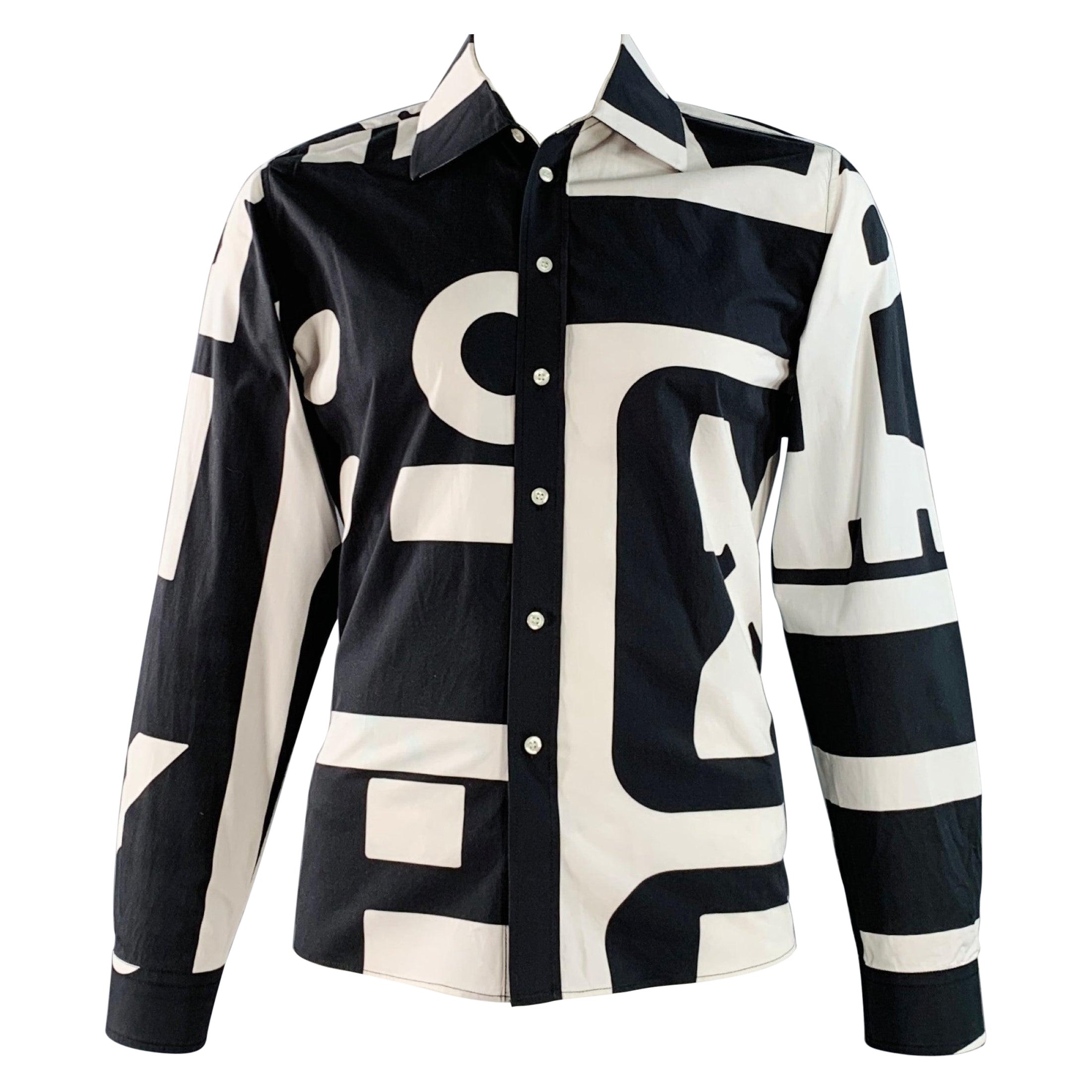 WALTER VAN BEIRENDONCK - Camicia a maniche lunghe in cotone con grafica bianca e nera - taglia L in vendita