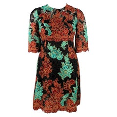 DOLCE & GABBANA Taille 10 Noir Vert Marron Dentelle florale Manches 3/4 Robe longueur genou