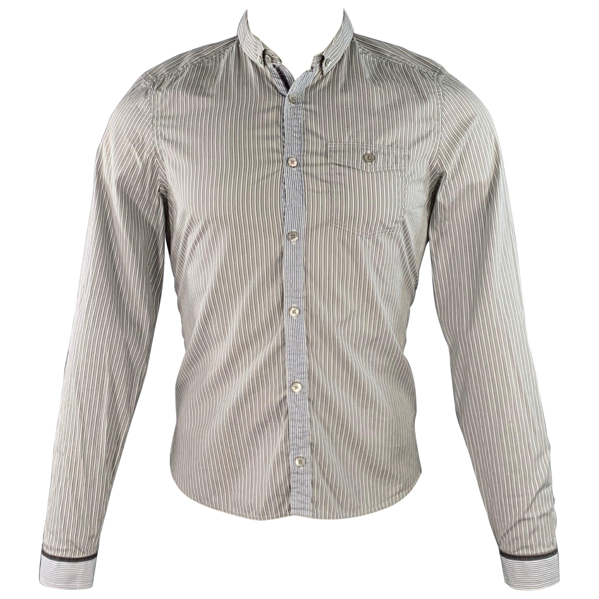 Burberry Prorsum Taille S White Grey Stripe Cotton One Pocket Long Sleeve Shirt en vente