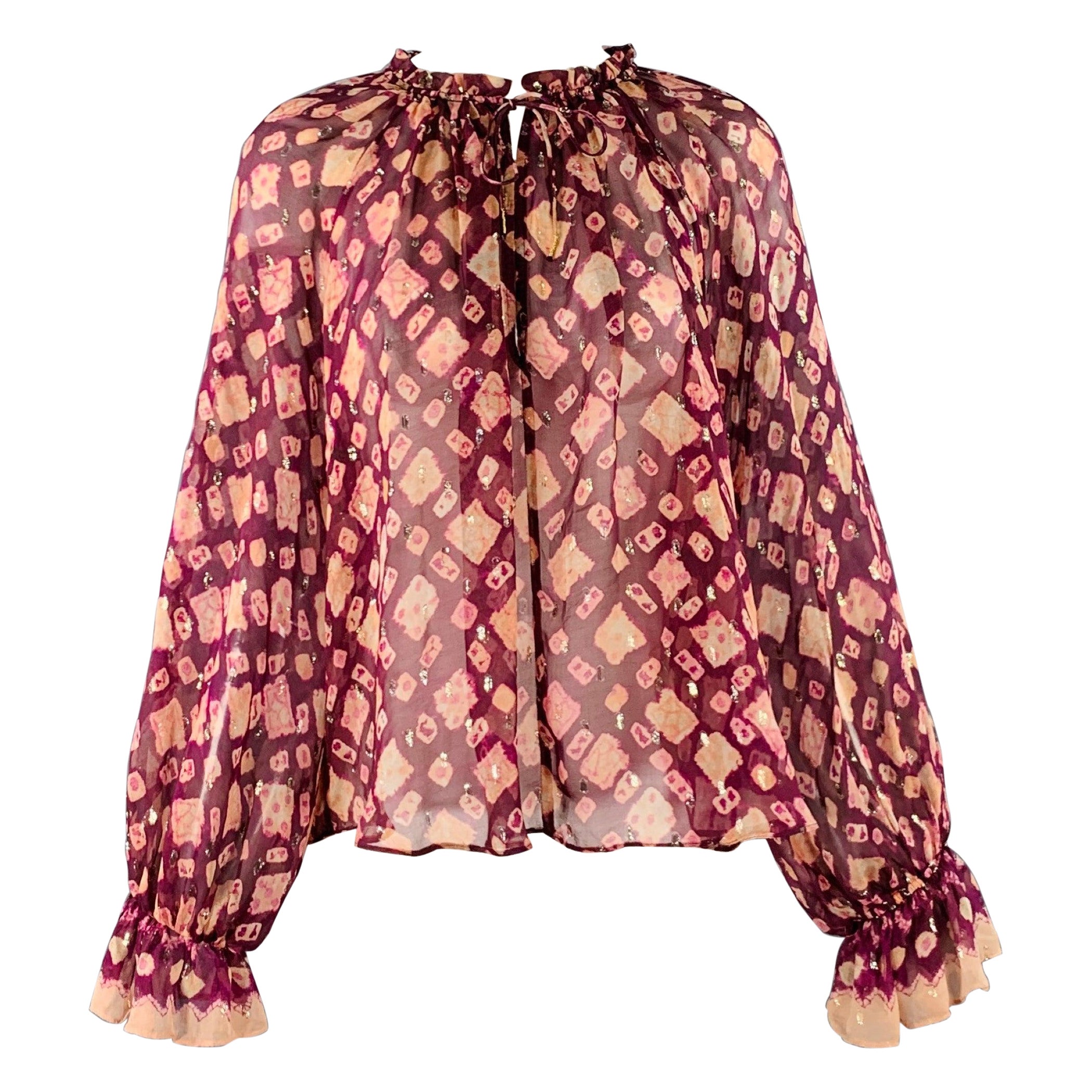 ULLA JOHNSON Talla 4 Violeta Amarillo Mezcla de Seda Abstracto Top Casual Manga Obispo en venta
