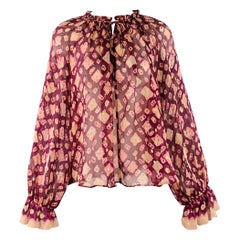 ULLA JOHNSON Talla 4 Violeta Amarillo Mezcla de Seda Abstracto Top Casual Manga Obispo
