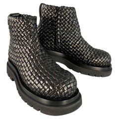 BOTTEGA VENETA Size 8 Black Mini Lido Weave Lug Woven Leather Side Zipper Boots