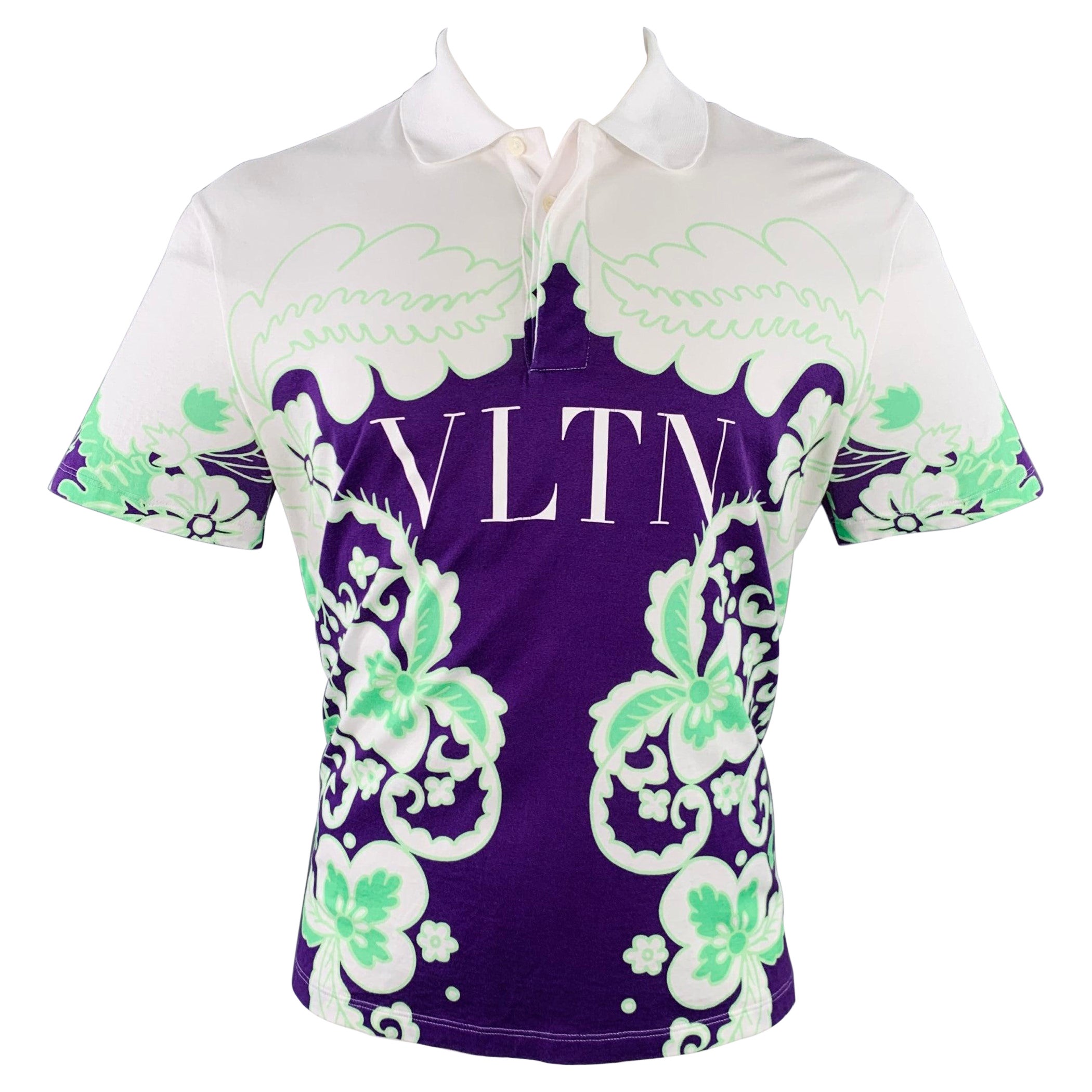 VALENTINO Size M White Purple Green Abstract Floral Print Cotton Buttoned Polo en vente