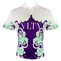 VALENTINO Size M White Purple Green Abstract Floral Print Cotton Buttoned Polo
