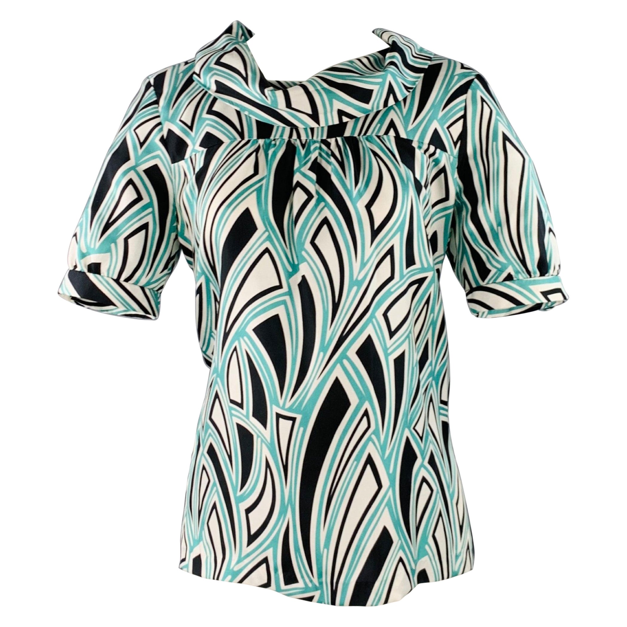 TIBI Size 6 Green Black White Silk Abstract Cowl Neck Dress Top For Sale