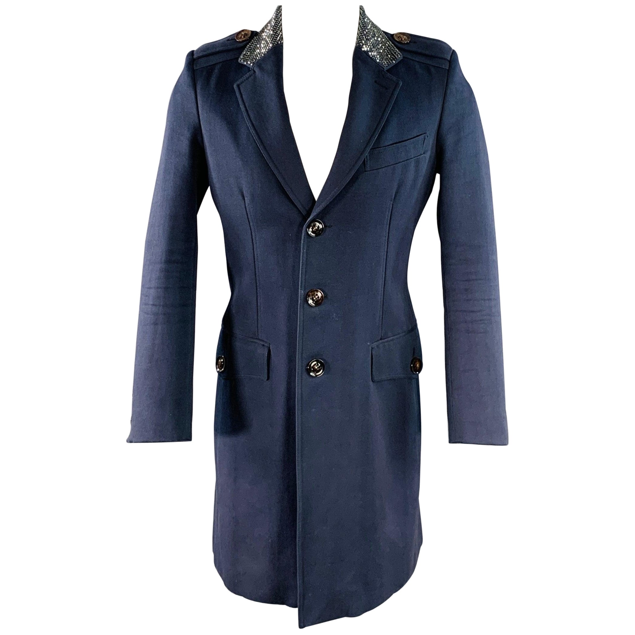 BURBERRY PRORSUM SS07 Size 38 Navy Rhinestone Cotton Wool Military Style Peacoat For Sale