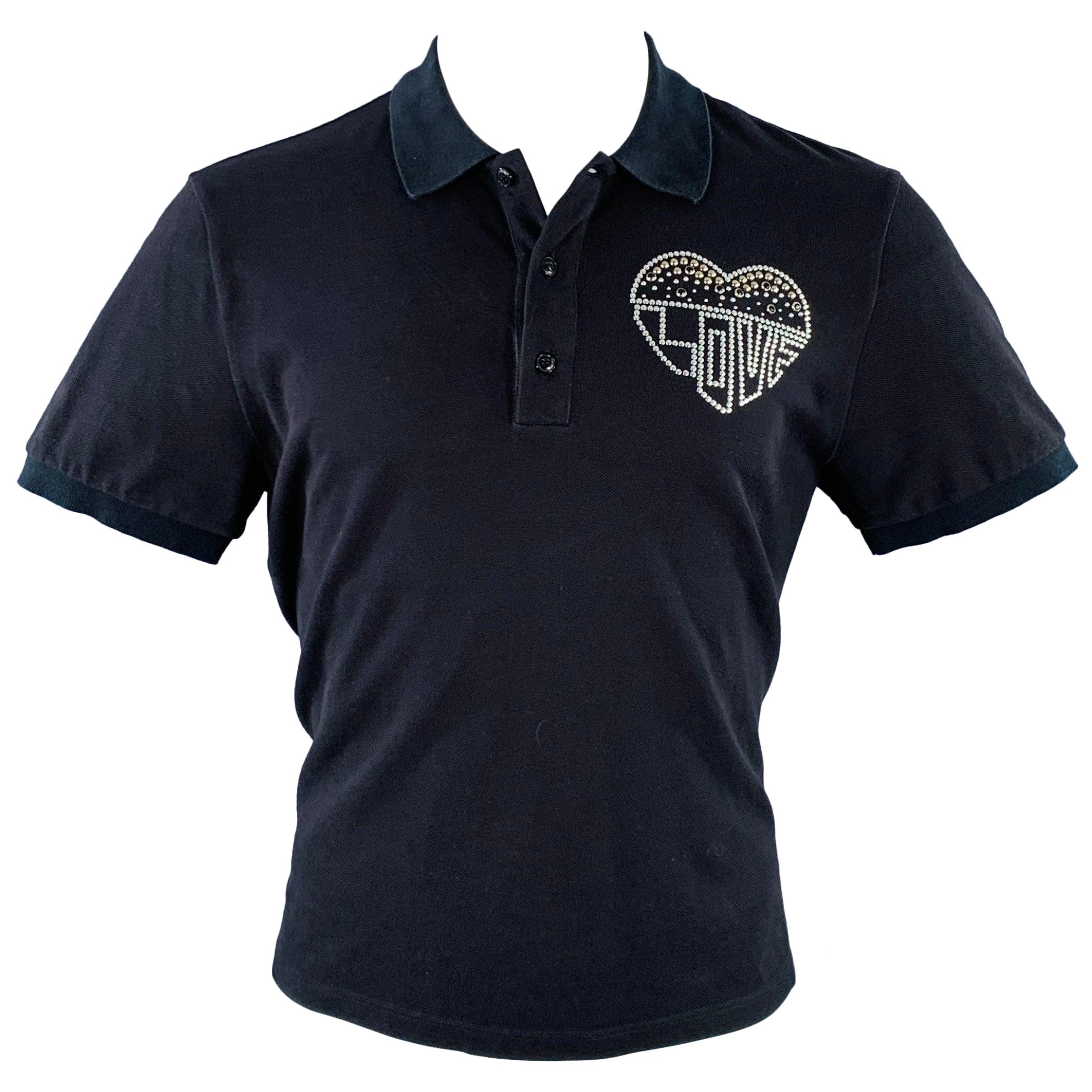 VALENTINO Size M Love Black Studded Heart Cotton Pique Buttoned Polo en vente