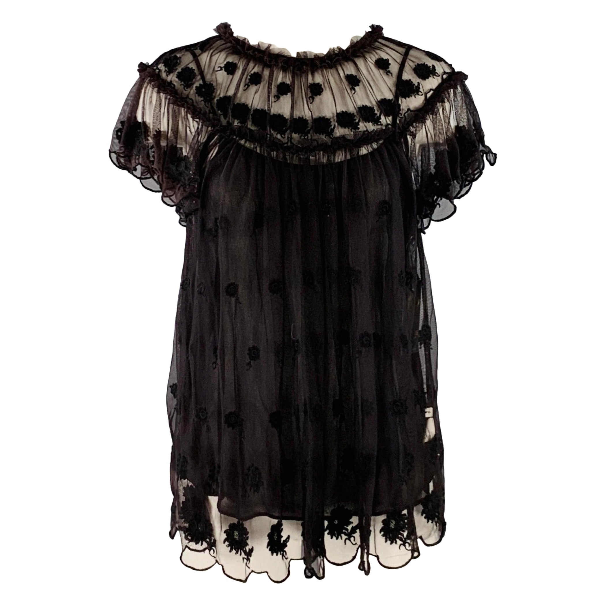 ULLA JOHNSON Talla 0 Marrón Negro Nylon Malla Encaje Volantes Vestido Top en venta