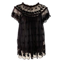 ULLA JOHNSON Talla 0 Marrón Negro Nylon Malla Encaje Volantes Vestido Top