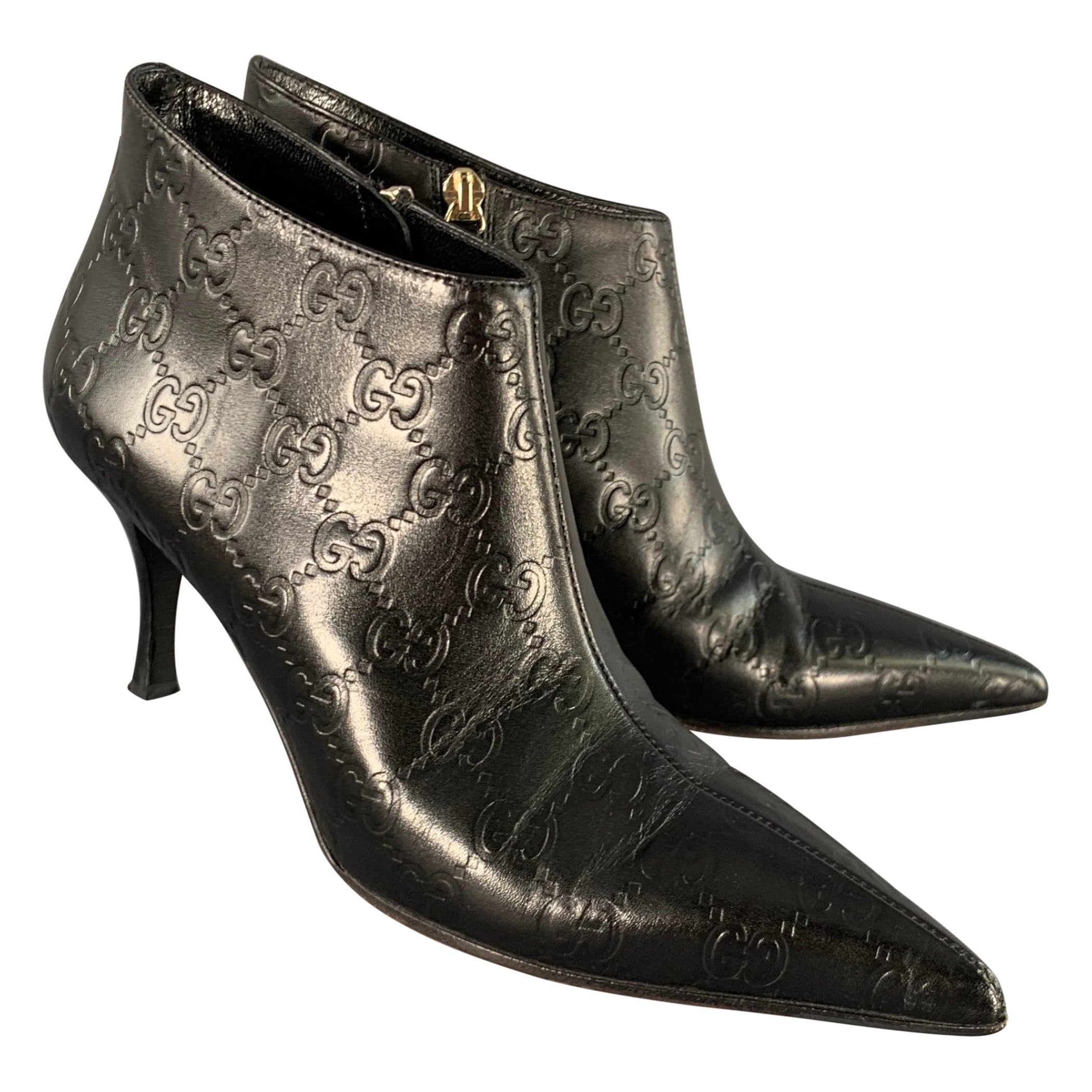 GUCCI Size 6 Guccissima Black Leather Embossed Monogram Side Zipper Boots For Sale